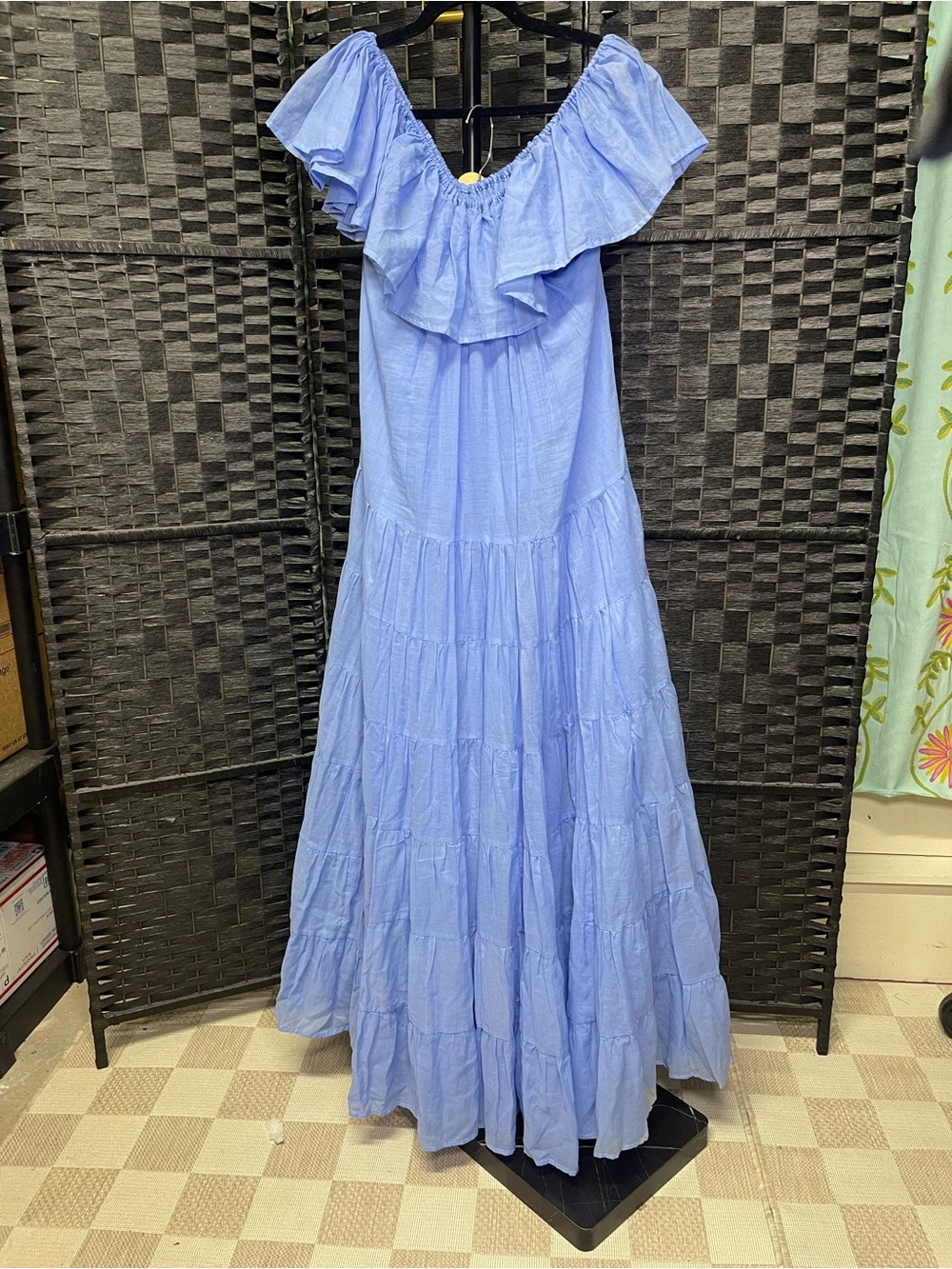 Erika Pena Rita Light Blue Off-Shoulder Ruffled Maxi Dress with optional belt
